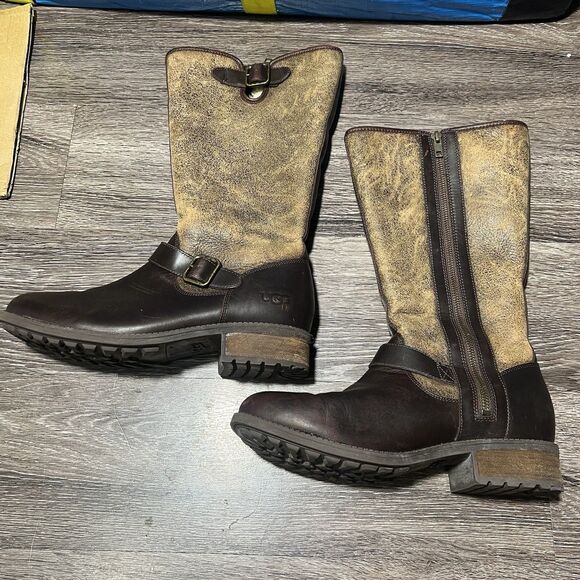 UGG Chancery Shearling Bomber Stout Black Leather Boots Womens Size 10 - Picture 1 of 13